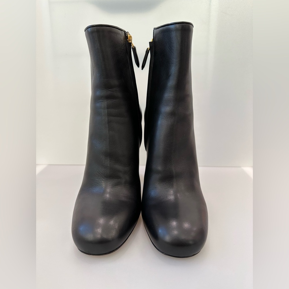 AUTHENTIC PRADA CALZATURE DONNA Black Leather Ankle Boots with Gold Heel Detail - Picture 11 of 14